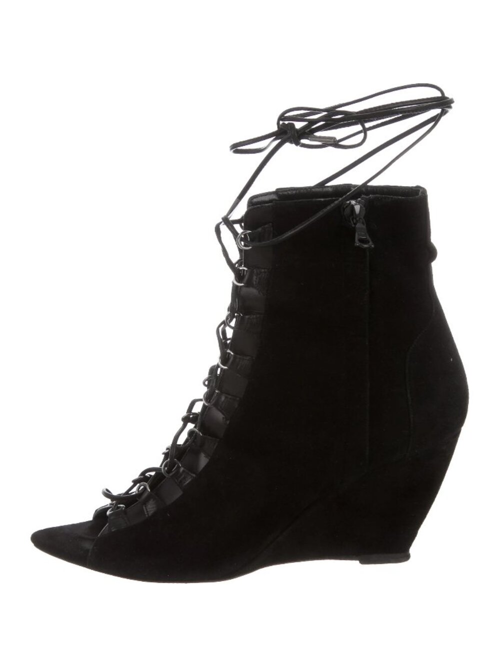 Narciso Rodriguez Black Suede Peep Toe Corset Lace Up Wedge Booties Size 8
